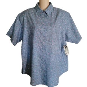 Vintage Separate Issue Blue Floral Button Down Short Sleeve Top Size Women's L